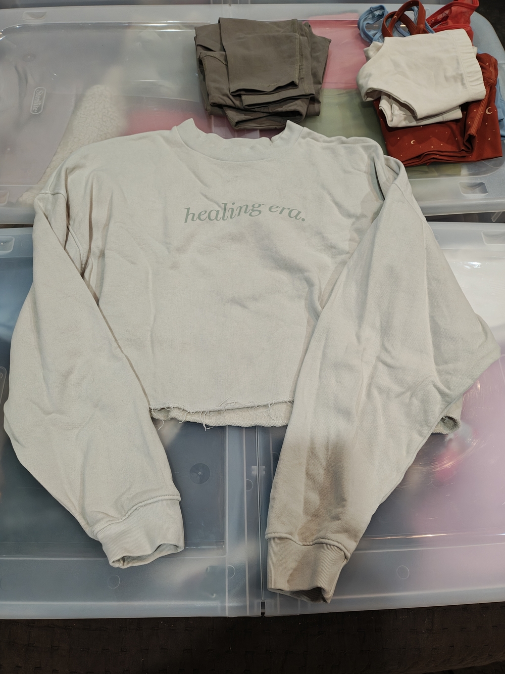 MATE the Label Cropped Sweatshirt in Light Sage with 'healing era.' Logo